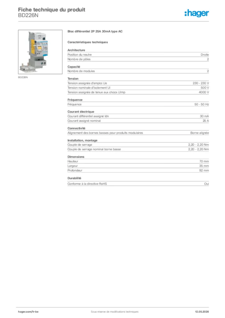 Image Hager Fiche technique du produit BD226N | Hager Belgique