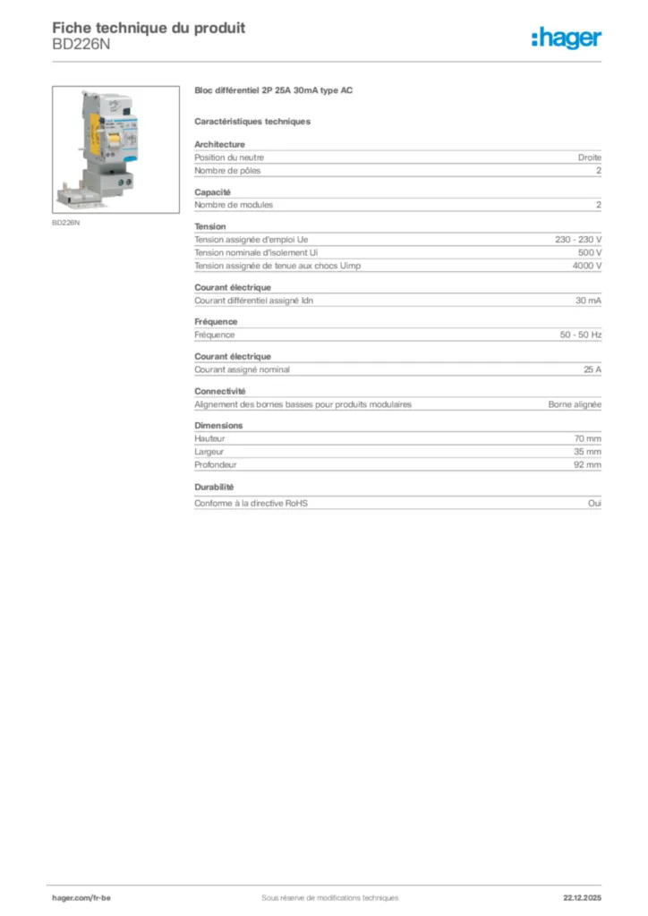 Image Hager Fiche technique du produit BD226N | Hager Belgique
