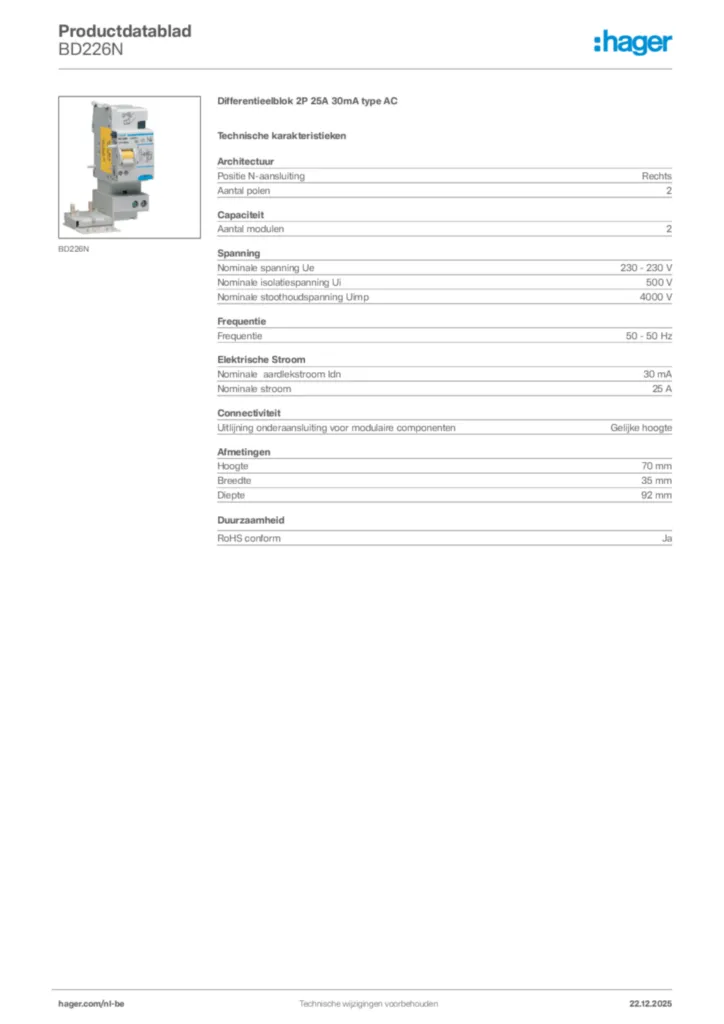 Afbeelding Hager Productdatablad BD226N | Hager Belgium