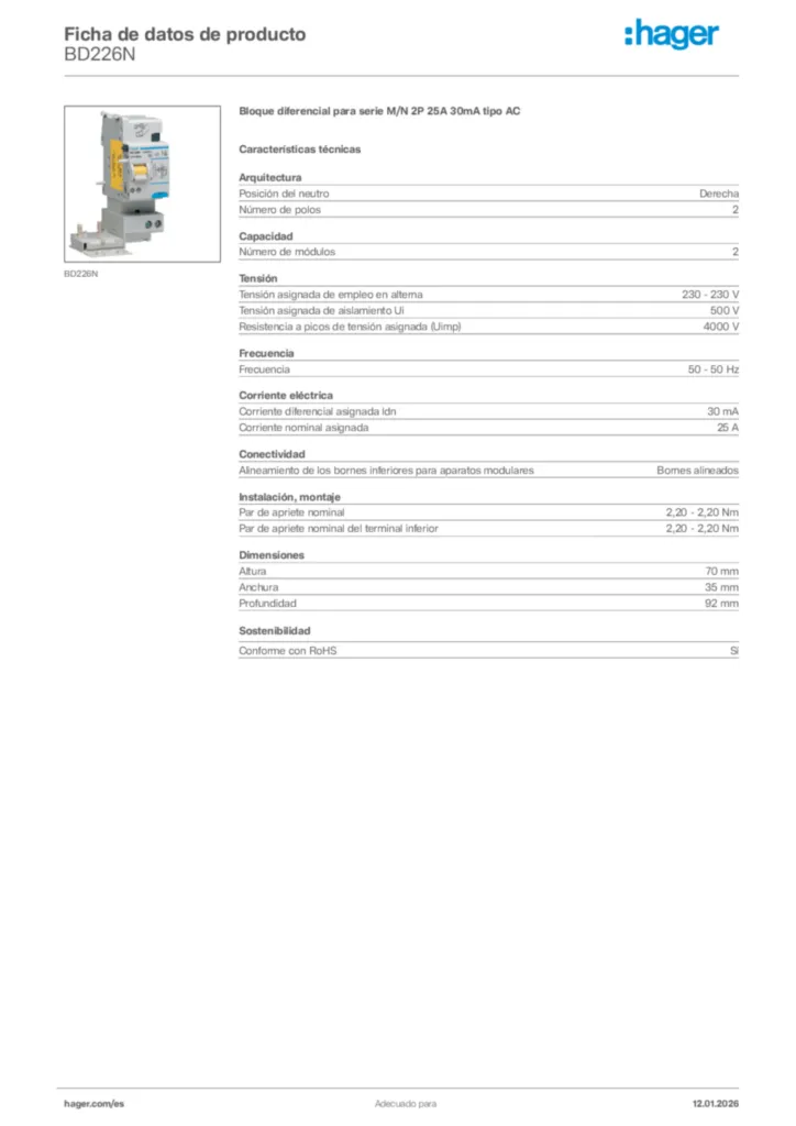 Imagen Hager Ficha de datos de producto BD226N | Hager España
