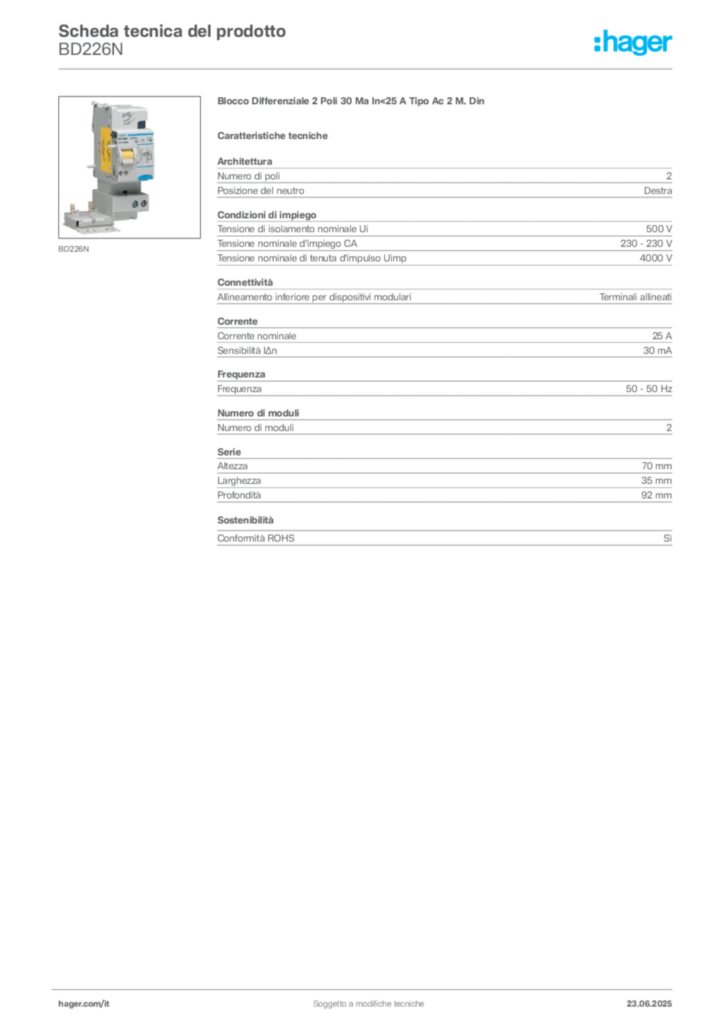 Immagine Hager Scheda tecnica del prodotto BD226N | Hager Italia