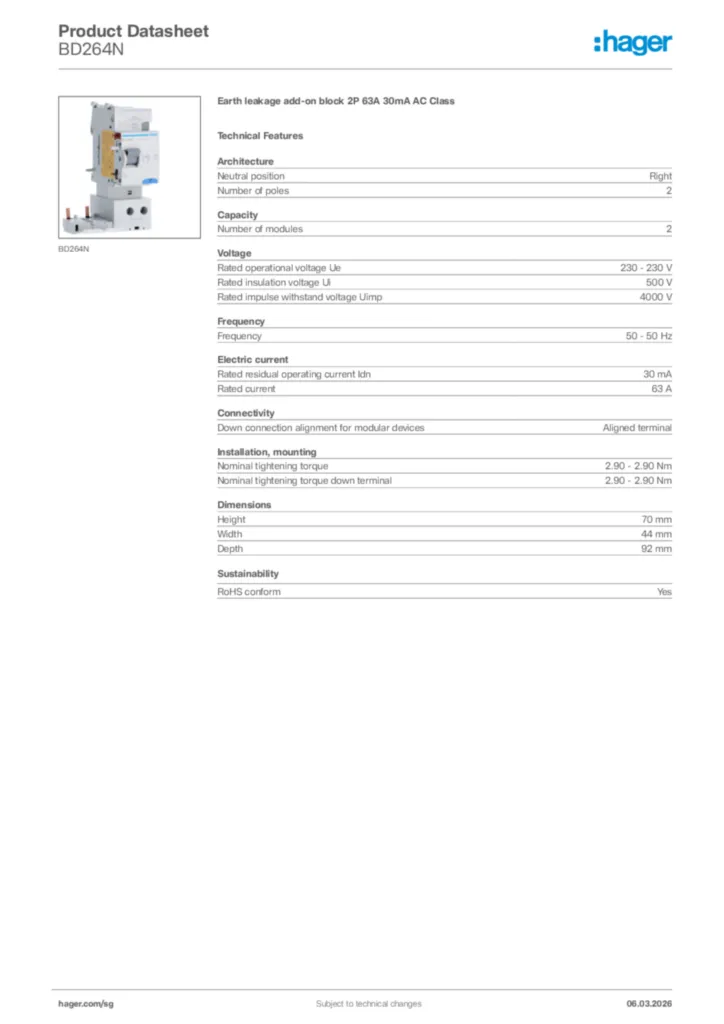 Image Hager Product data sheet BD264N  | Hager