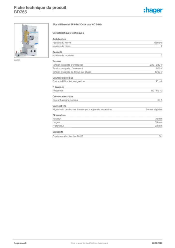 Image Hager Fiche technique du produit BD266 | Hager France