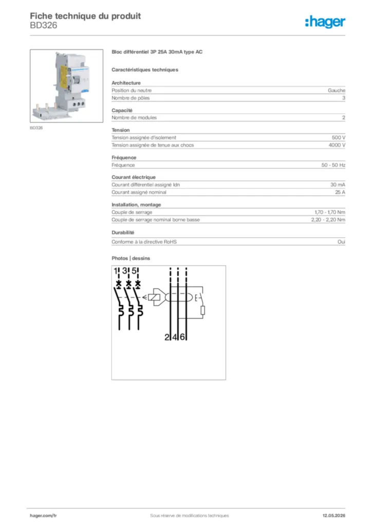 Image Hager Fiche technique du produit BD326 | Hager France