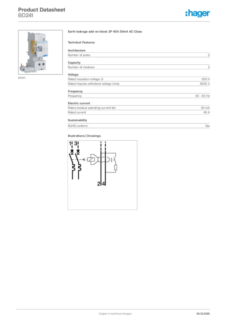 Image Hager Product data sheet BD241  | Hager Africa