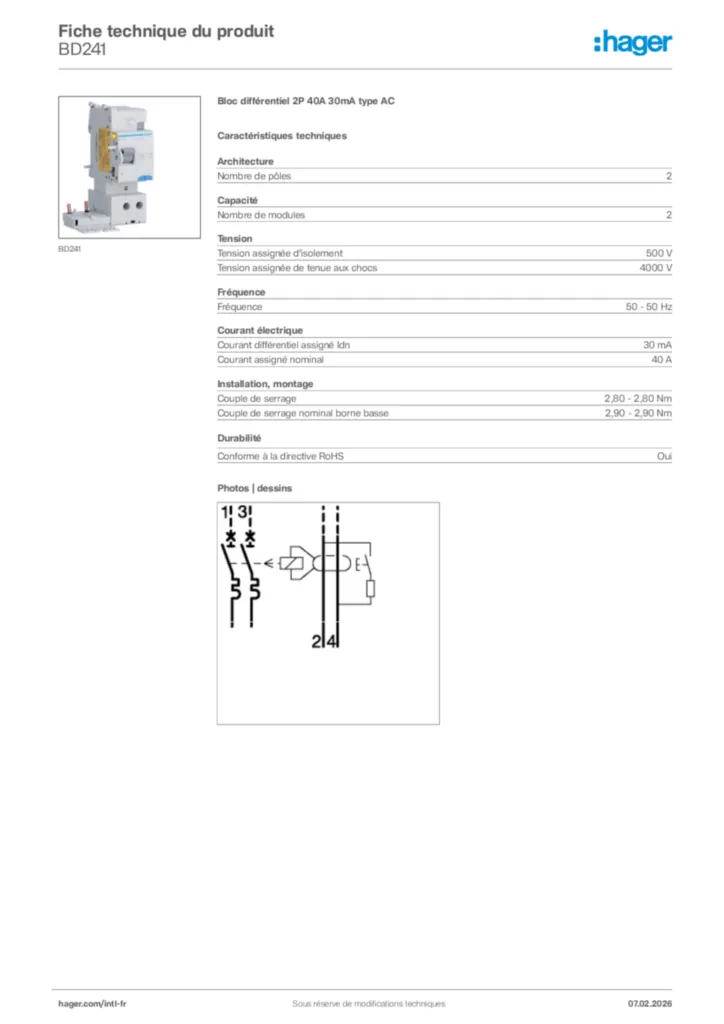 Image Hager Fiche technique du produit BD241 | Hager Afrique