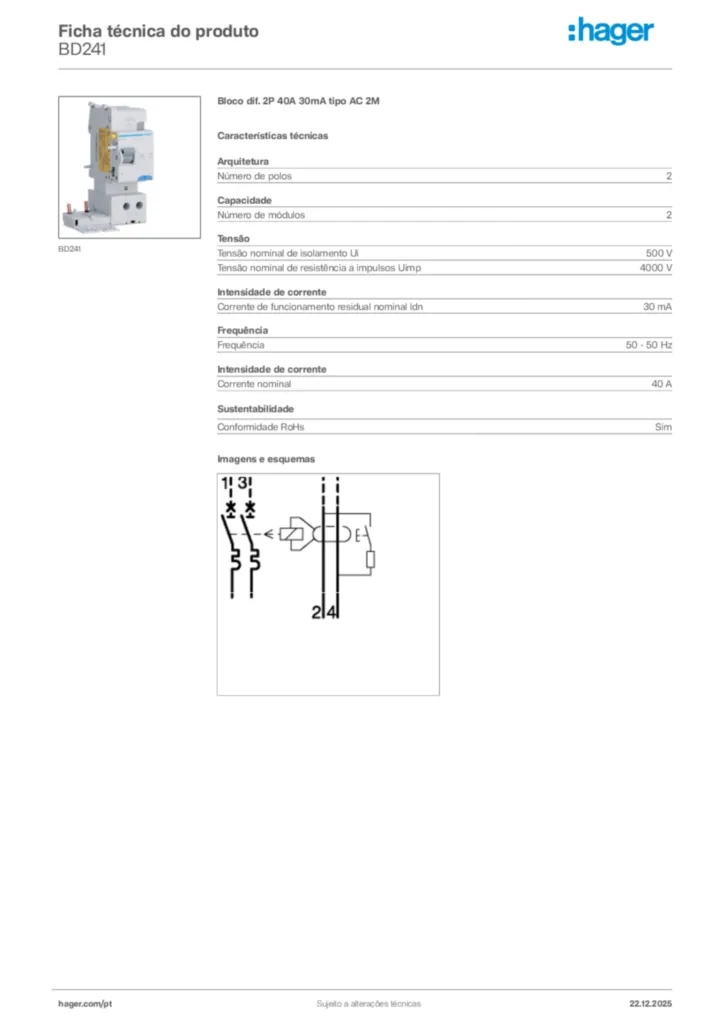 Imagem Hager Ficha técnica do produto BD241 | Hager Portugal