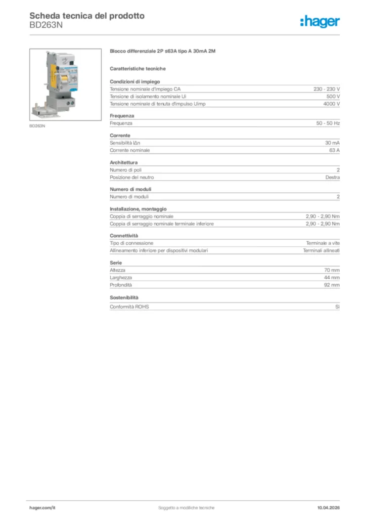 Immagine Hager Scheda tecnica del prodotto BD263N | Hager Italia