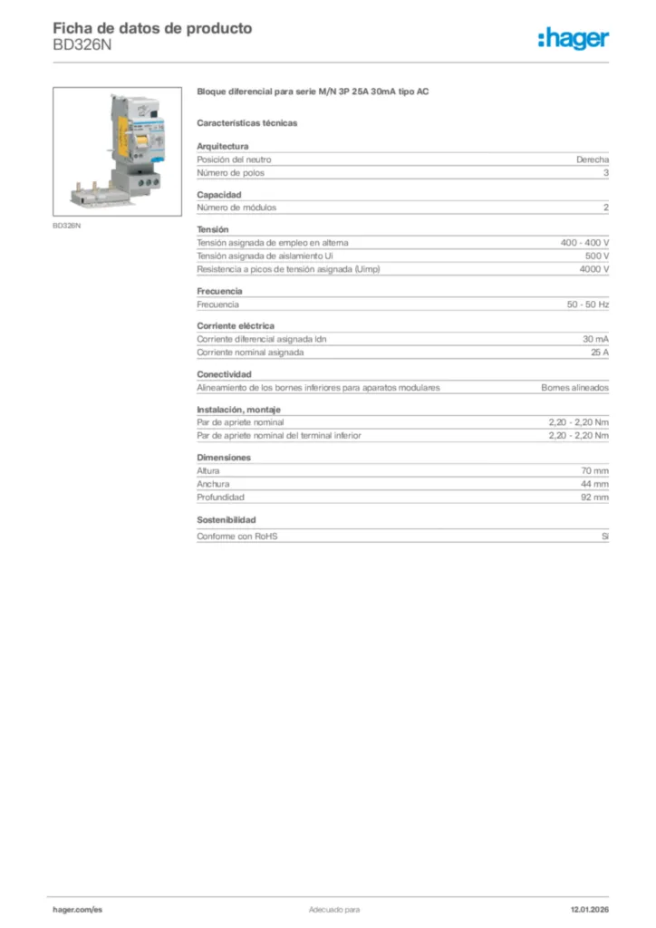 Imagen Hager Ficha de datos de producto BD326N | Hager España