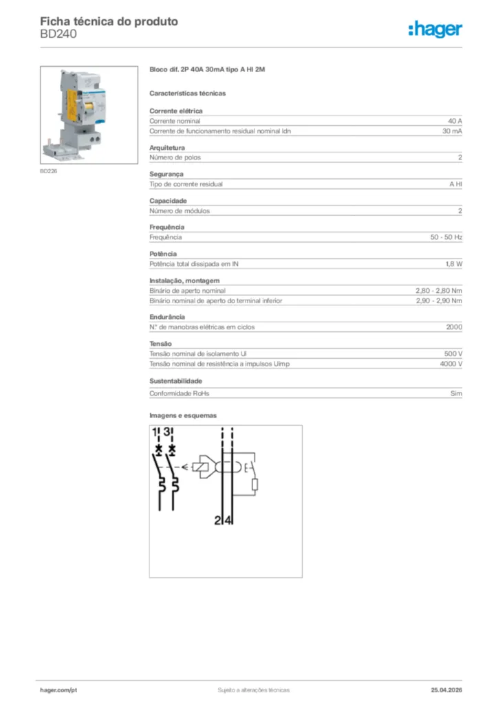Imagem Hager Ficha técnica do produto BD240 | Hager Portugal