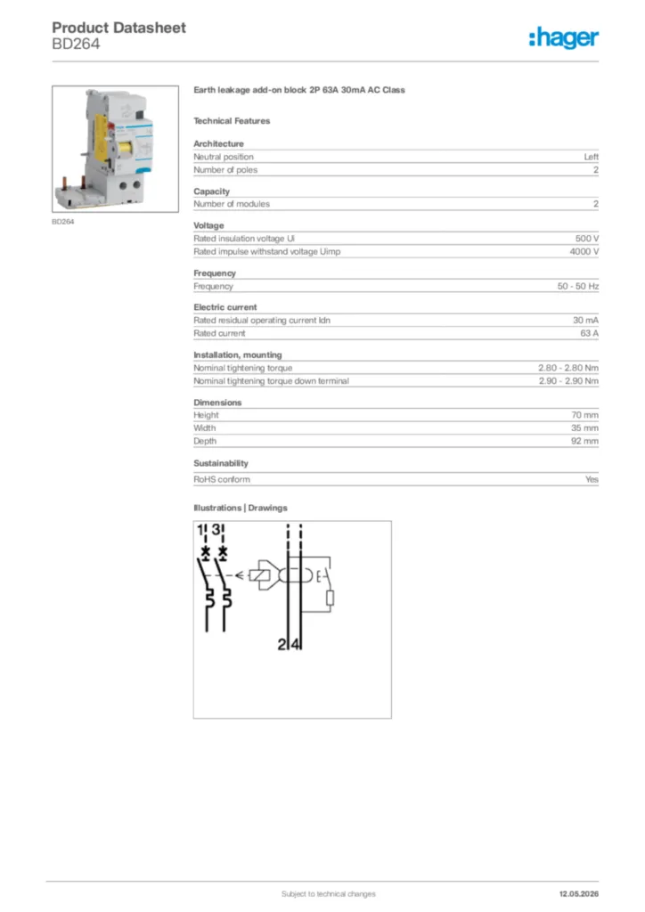 Image Hager Product data sheet BD264  | Hager Africa