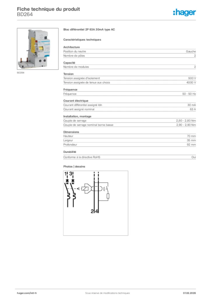 Image Hager Fiche technique du produit BD264 | Hager Afrique