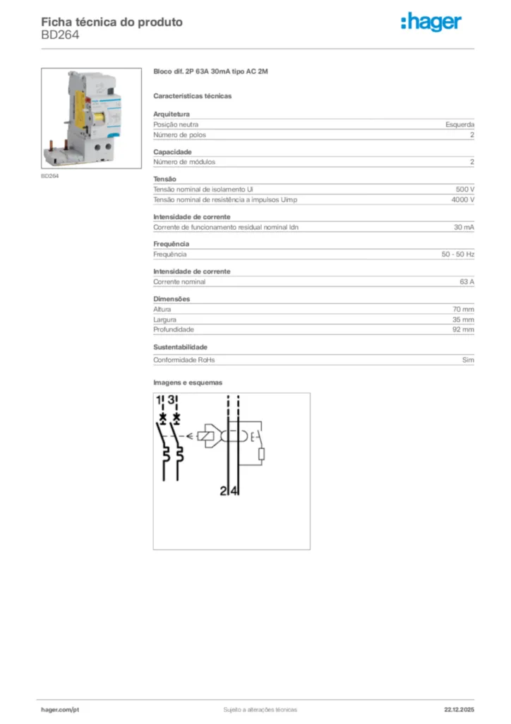 Imagem Hager Ficha técnica do produto BD264 | Hager Portugal