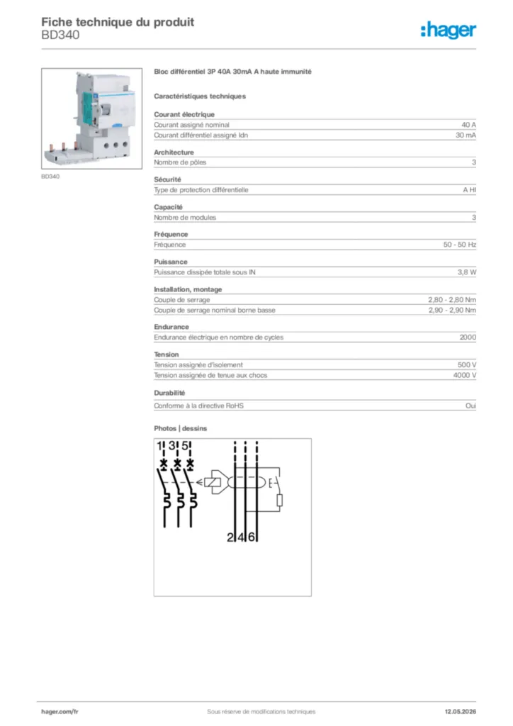 Image Hager Fiche technique du produit BD340 | Hager France