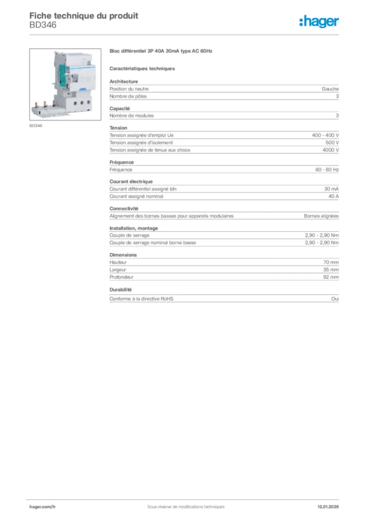 Image Hager Fiche technique du produit BD346 | Hager France