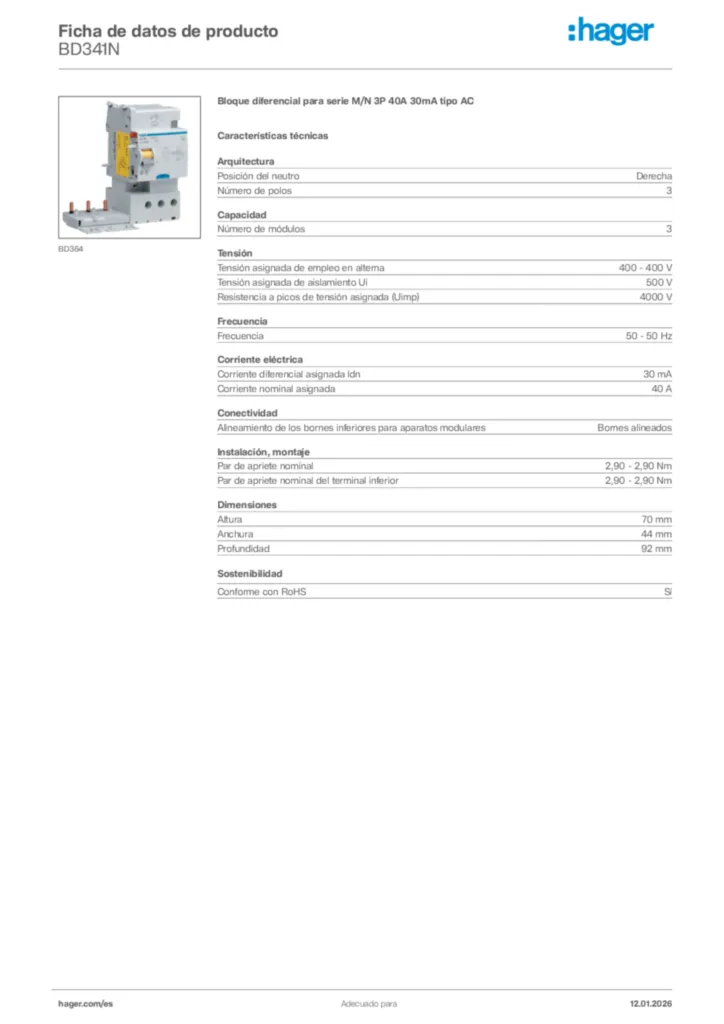 Imagen Hager Ficha de datos de producto BD341N | Hager España