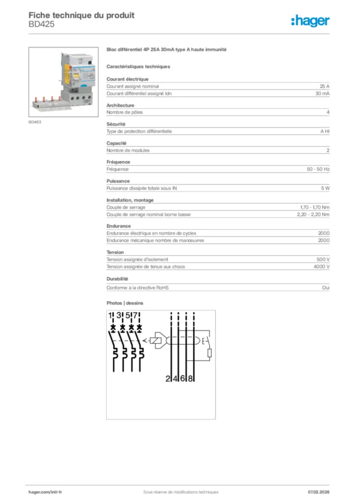 Image Hager Fiche technique du produit BD425 | Hager Afrique