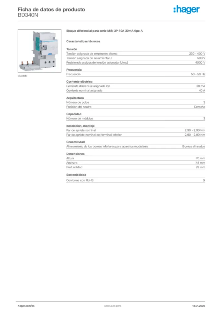 Imagen Hager Ficha de datos de producto BD340N | Hager España