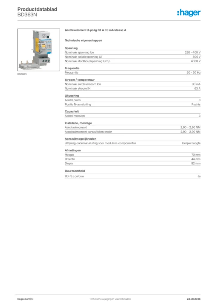 Afbeelding Hager Productdatablad BD363N | Hager Nederland
