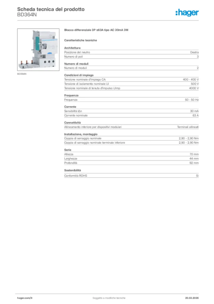 Immagine Hager Scheda tecnica del prodotto BD364N | Hager Italia