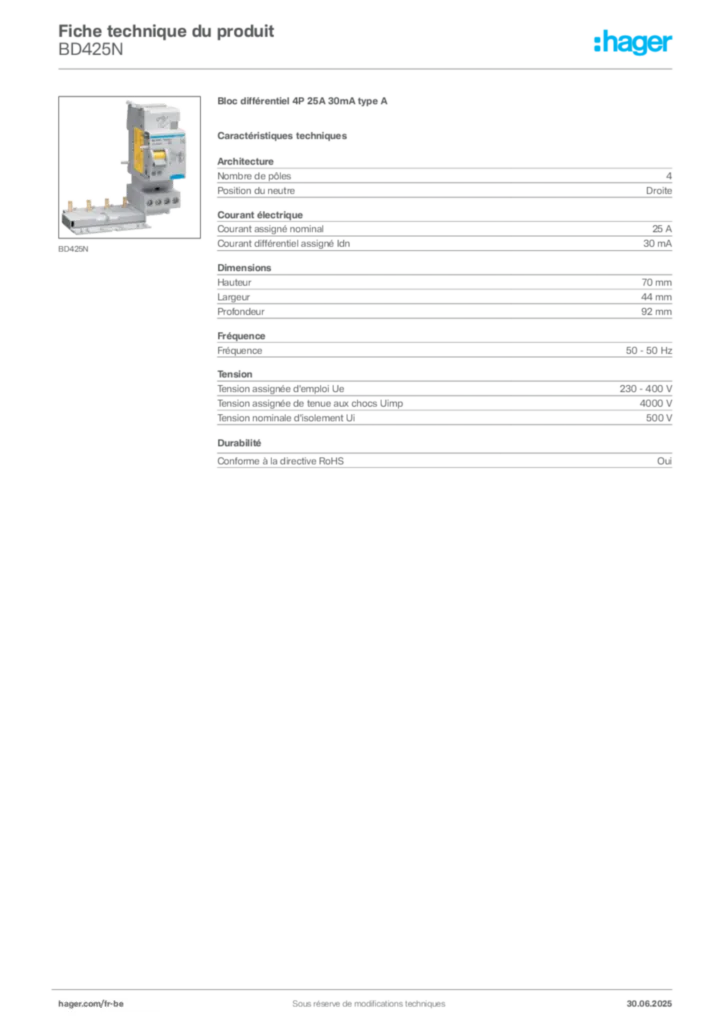 Image Hager Fiche technique du produit BD425N | Hager Belgique