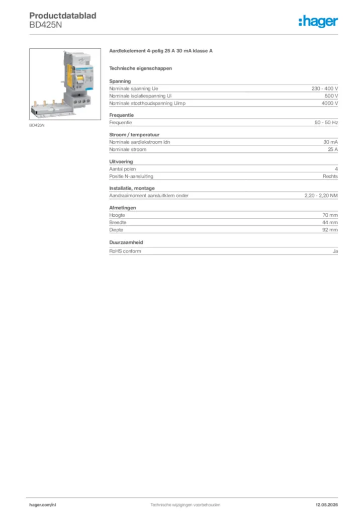 Afbeelding Hager Productdatablad BD425N | Hager Nederland