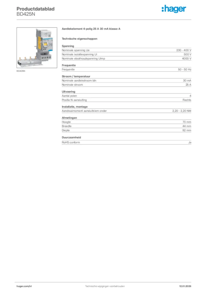 Afbeelding Hager Productdatablad BD425N | Hager Nederland