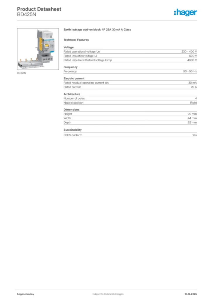 Image Hager Product data sheet BD425N  | Hager