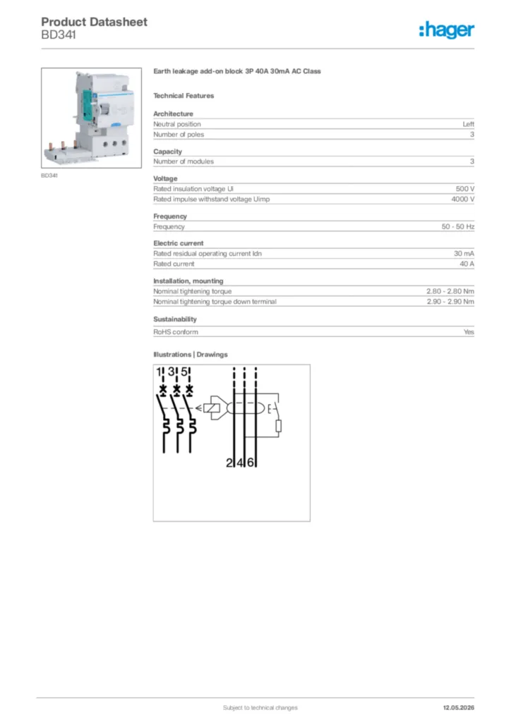 Image Hager Product data sheet BD341  | Hager Africa