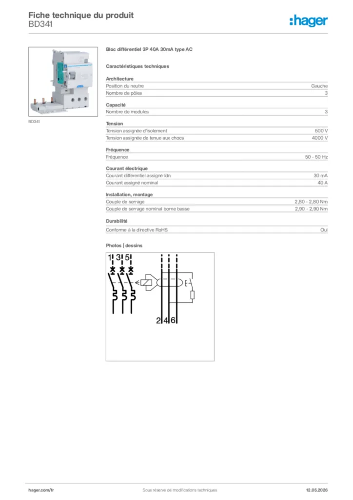 Image Hager Fiche technique du produit BD341 | Hager France