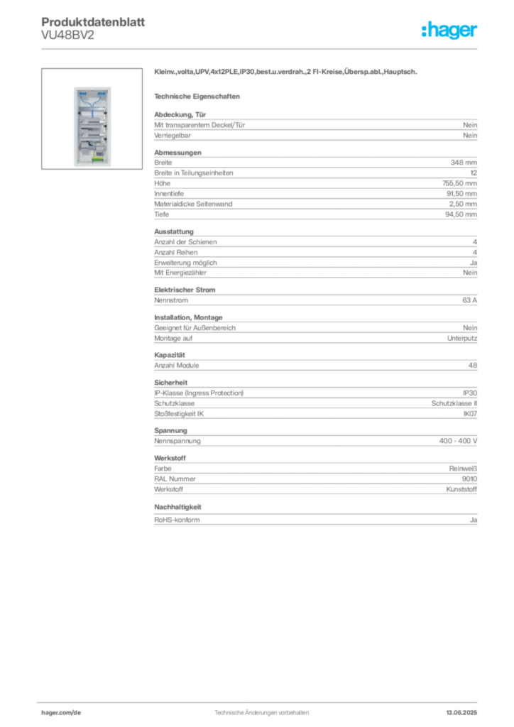 Hager Produktdatenblatt VU48BV2