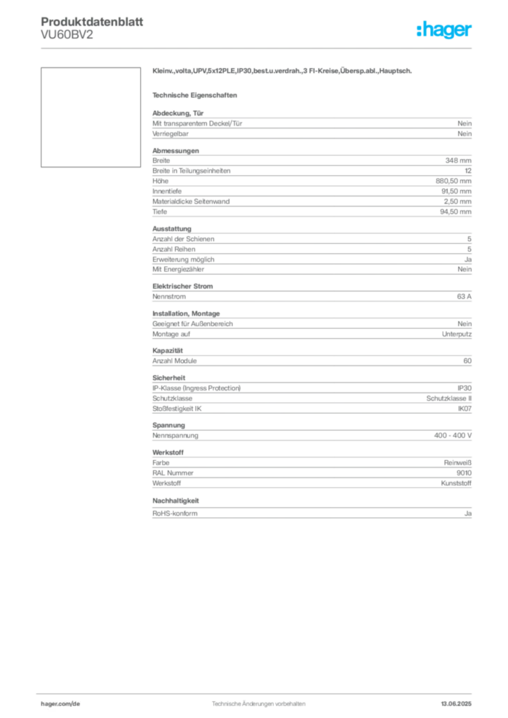 Bild Hager Produktdatenblatt VU60BV2 | Hager Deutschland