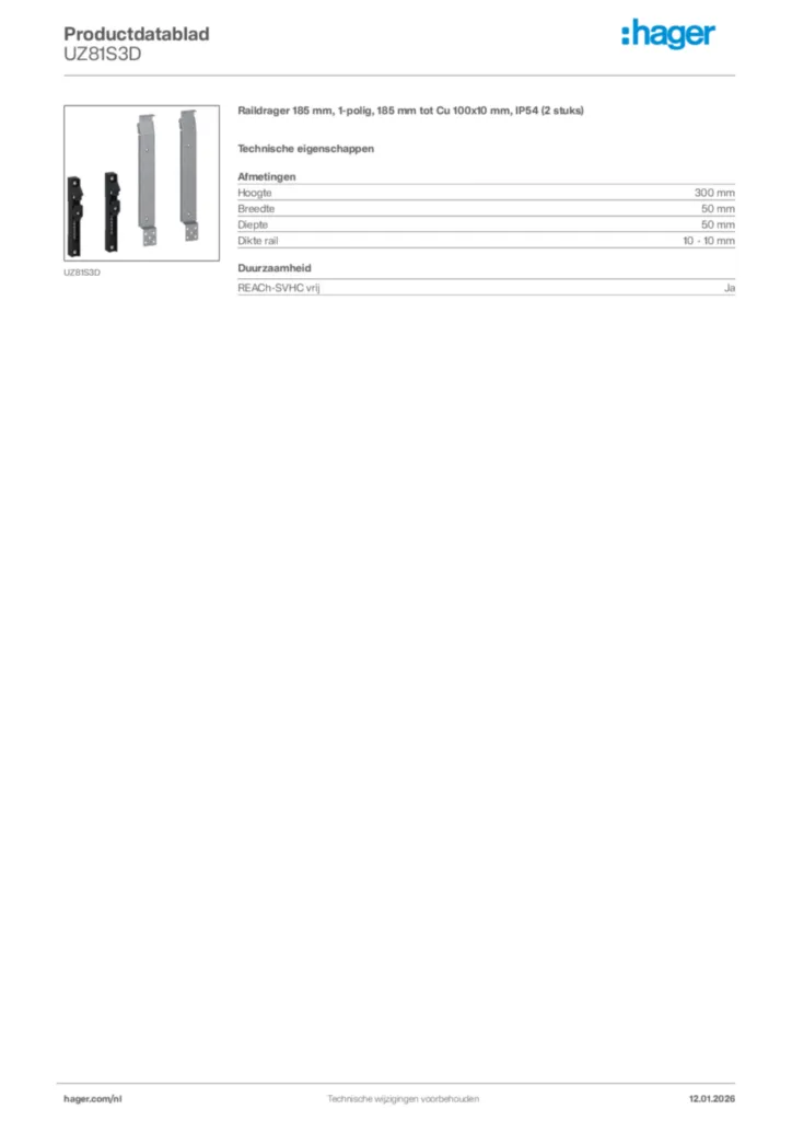 Afbeelding Hager Productdatablad UZ81S3D | Hager Nederland