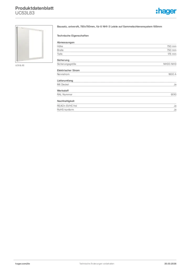 Bild Hager Produktdatenblatt UC53L83 | Hager Deutschland