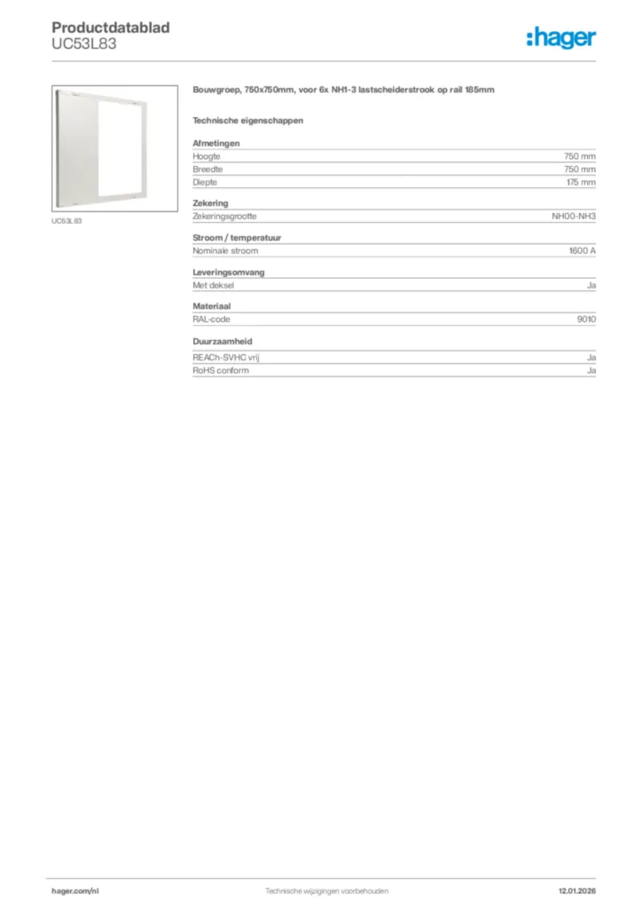 Afbeelding Hager Productdatablad UC53L83 | Hager Nederland