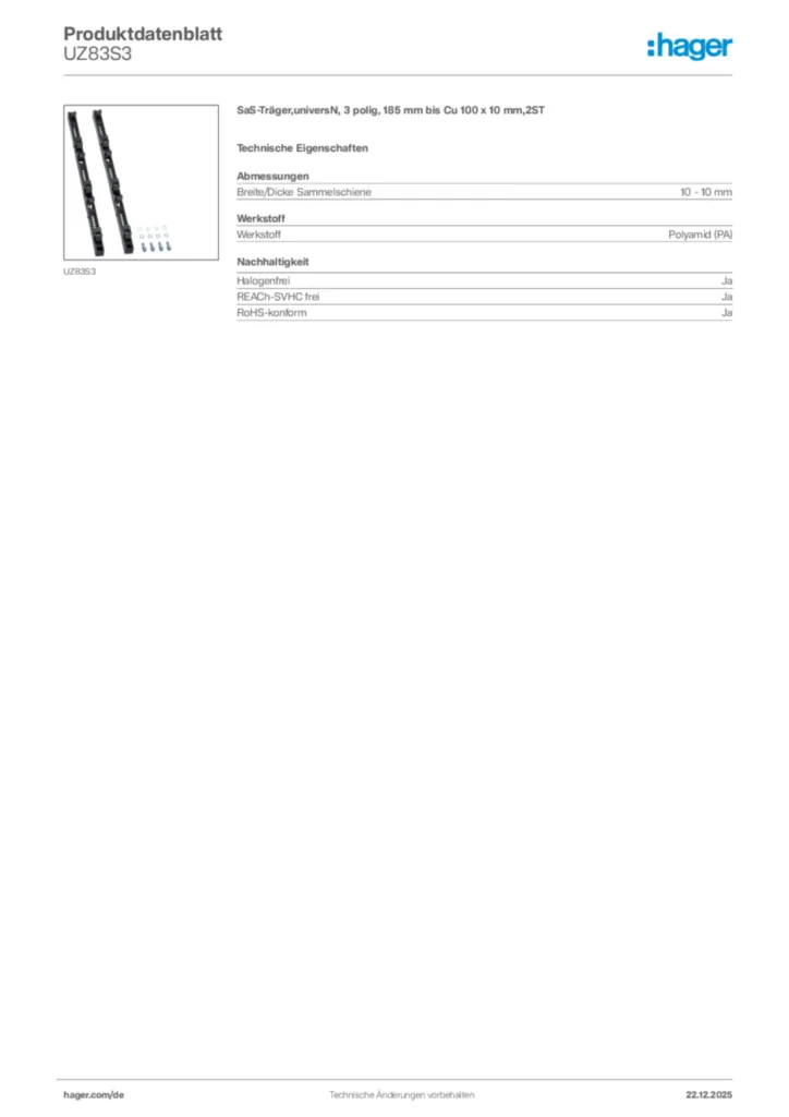 Bild Hager Produktdatenblatt UZ83S3 | Hager Deutschland