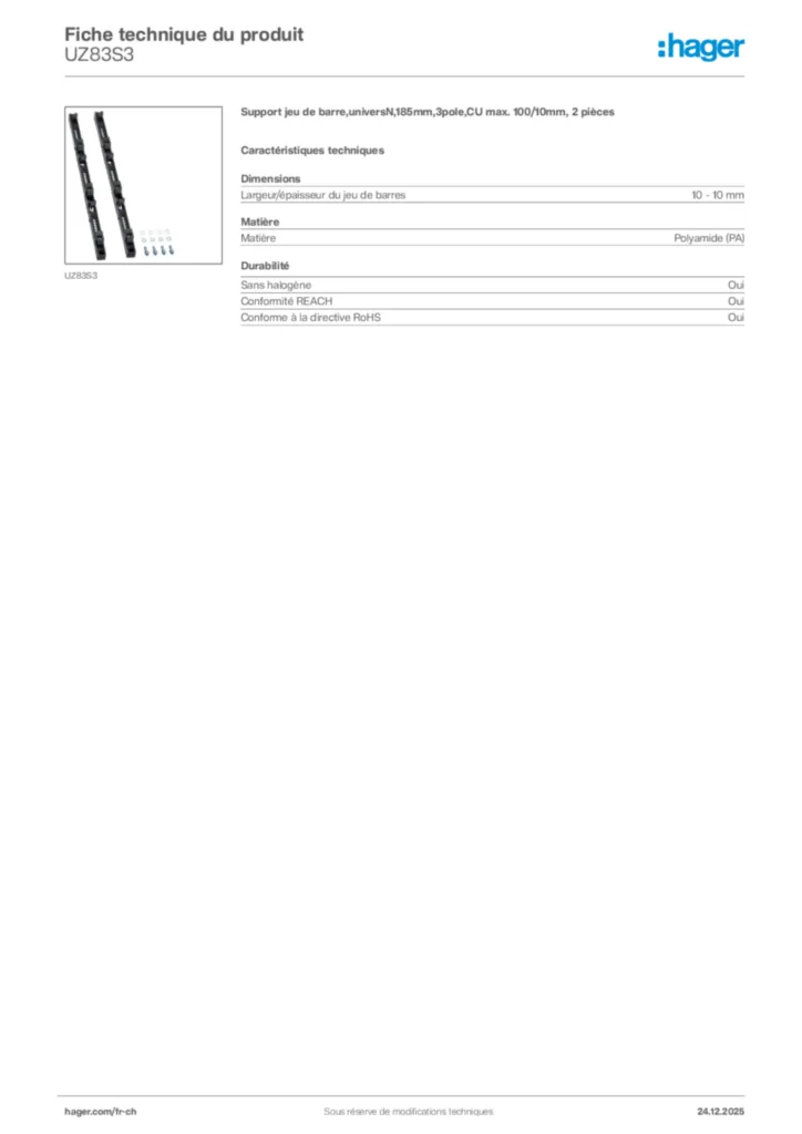 Image Hager Fiche technique du produit UZ83S3 | Hager Suisse