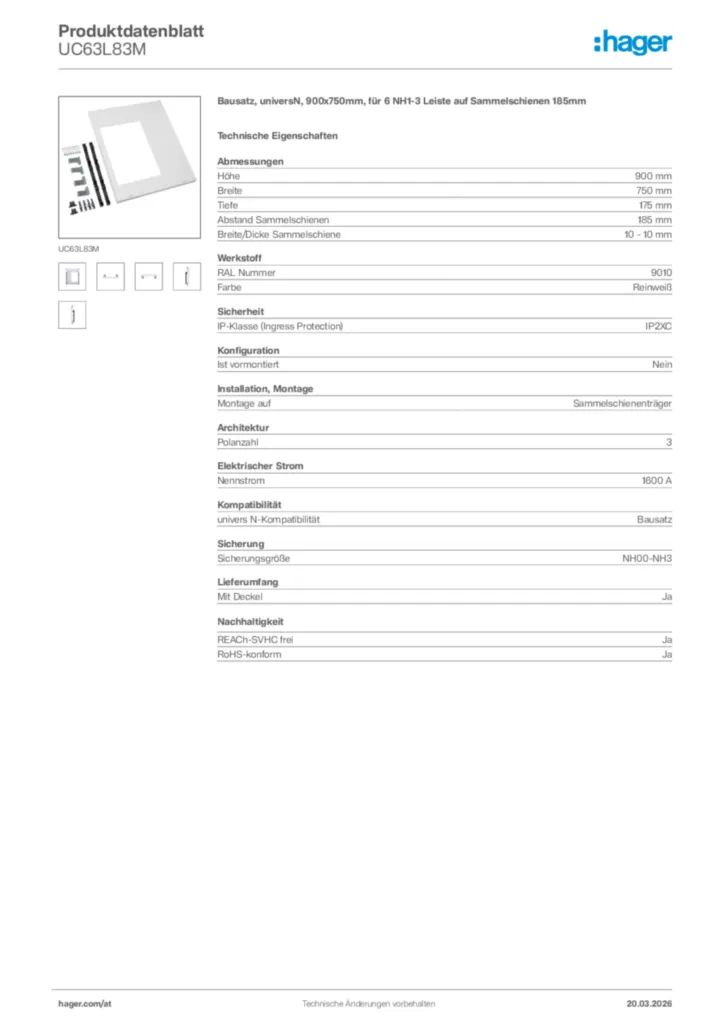 Bild Hager Produktdatenblatt UC63L83M | Hager Deutschland