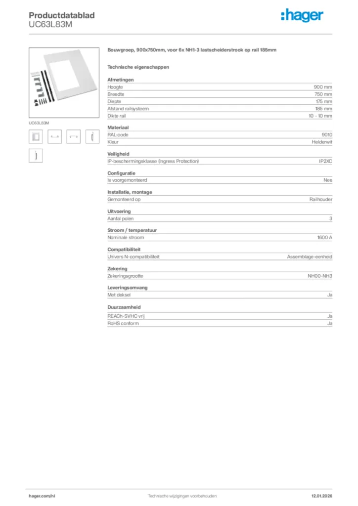 Afbeelding Hager Productdatablad UC63L83M | Hager Nederland