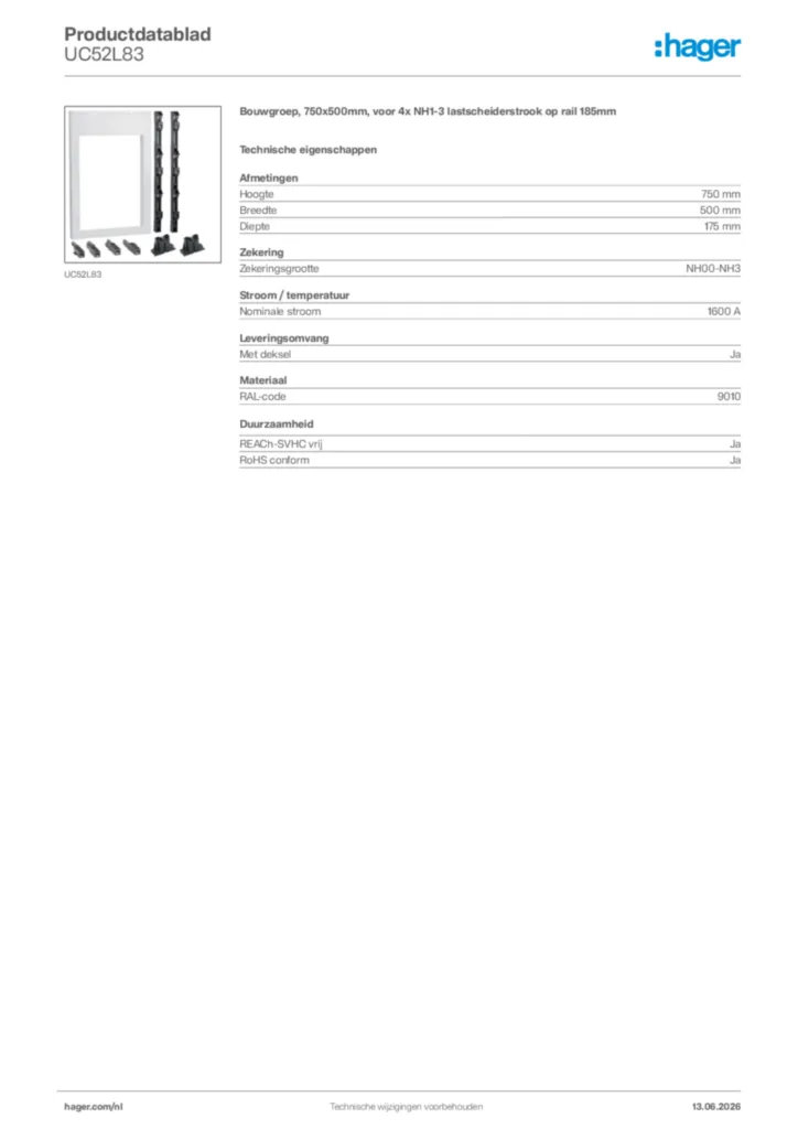 Afbeelding Hager Productdatablad UC52L83 | Hager Nederland