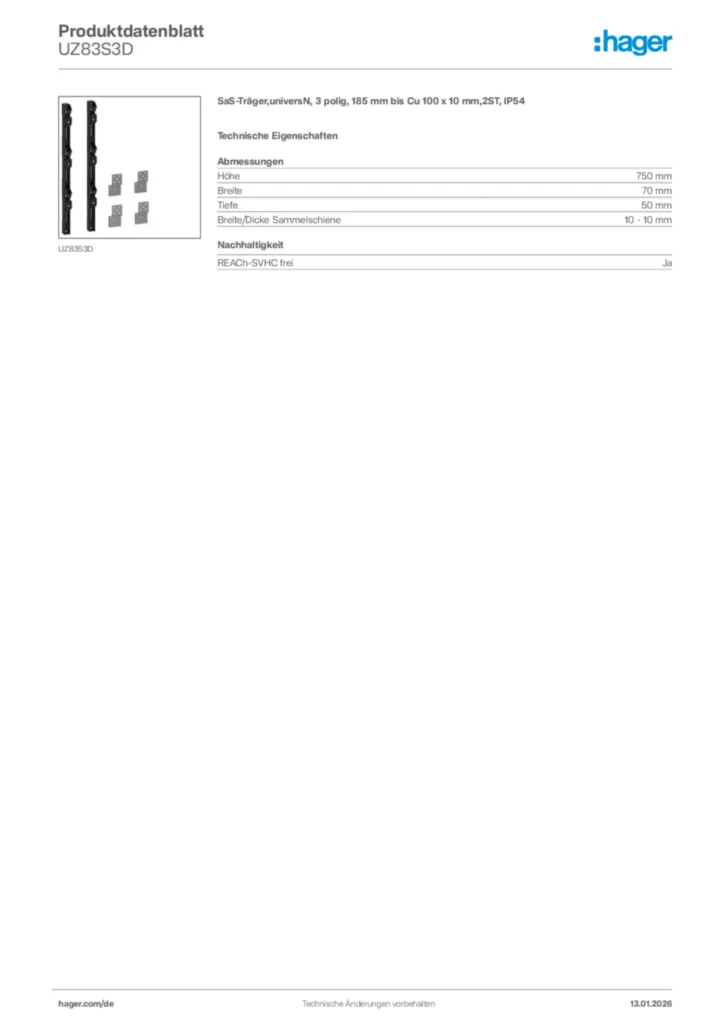 Bild Hager Produktdatenblatt UZ83S3D | Hager Deutschland