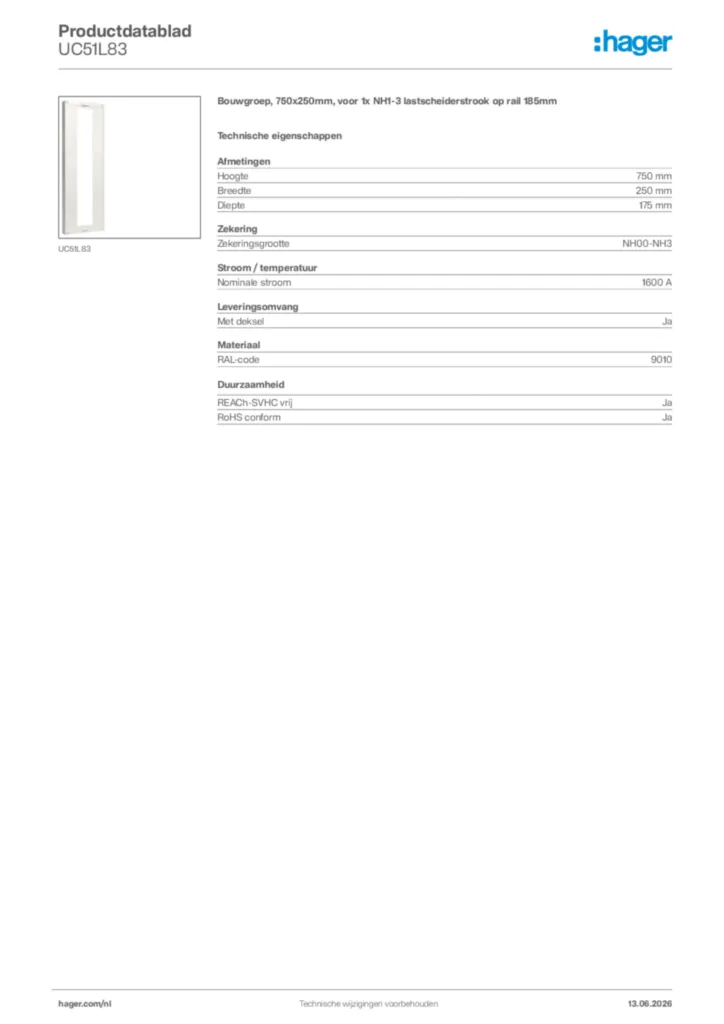 Afbeelding Hager Productdatablad UC51L83 | Hager Nederland