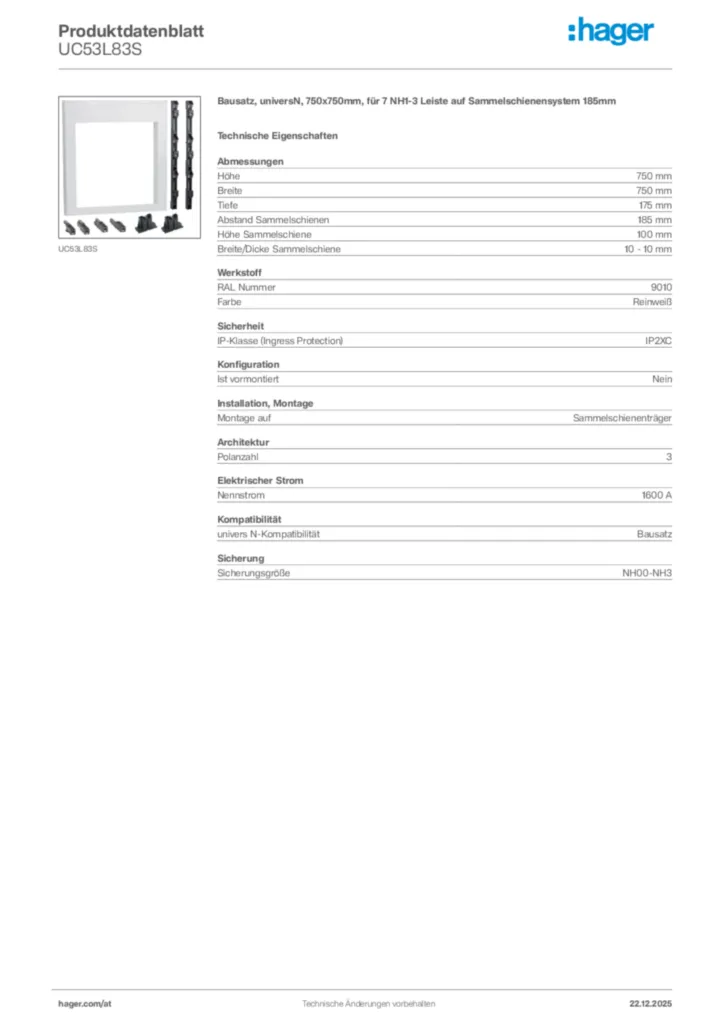 Bild Hager Produktdatenblatt UC53L83S | Hager Deutschland