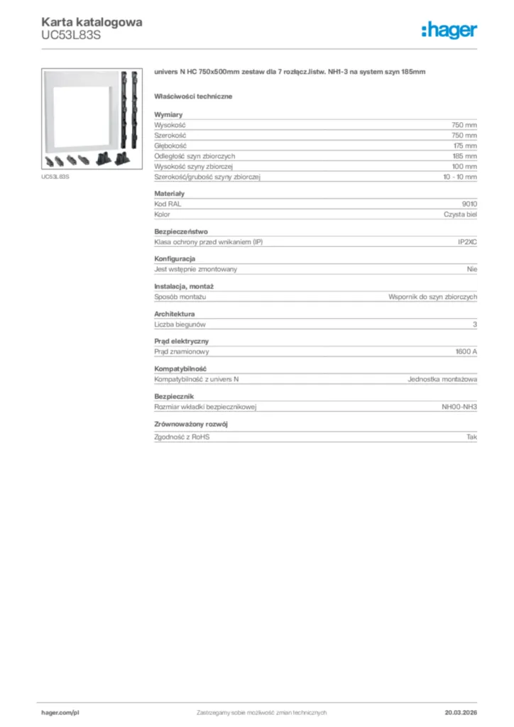 Zdjęcie Hager Karta katalogowa UC53L83S | Hager Polska