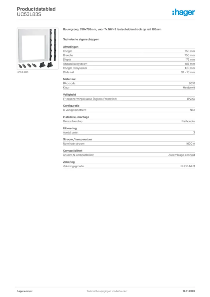 Afbeelding Hager Productdatablad UC53L83S | Hager Nederland