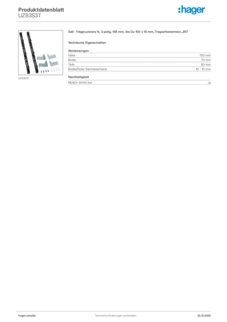 Bild Hager Produktdatenblatt UZ83S3T | Hager Deutschland
