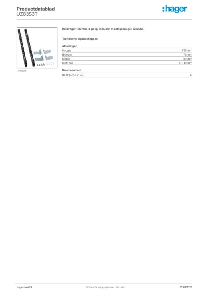 Afbeelding Hager Productdatablad UZ83S3T | Hager Nederland