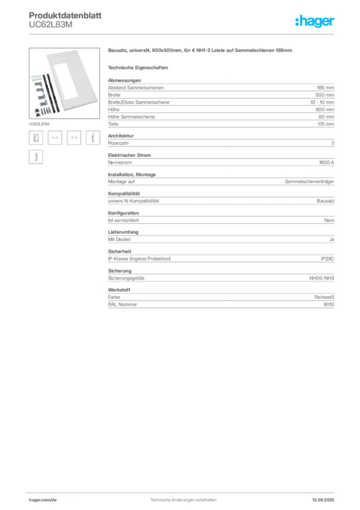 Hager Produktdatenblatt UC62L83M