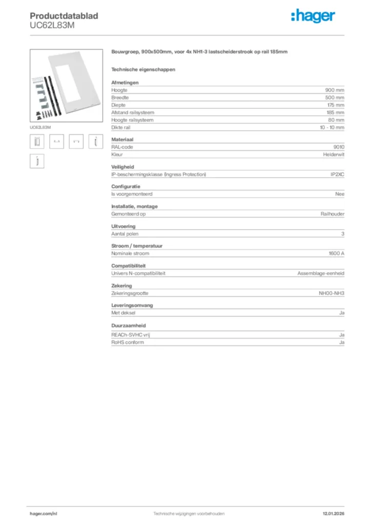 Afbeelding Hager Productdatablad UC62L83M | Hager Nederland