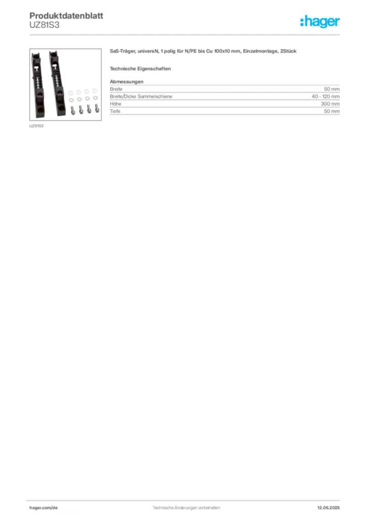 Bild Hager Produktdatenblatt UZ81S3 | Hager Deutschland